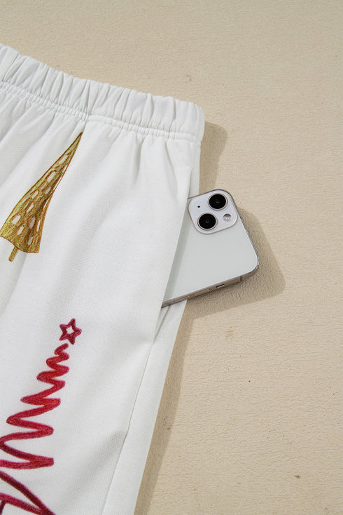 Tree Print Crew Neck Drop Shoulder Long Sleeve Shorts Lounge Set