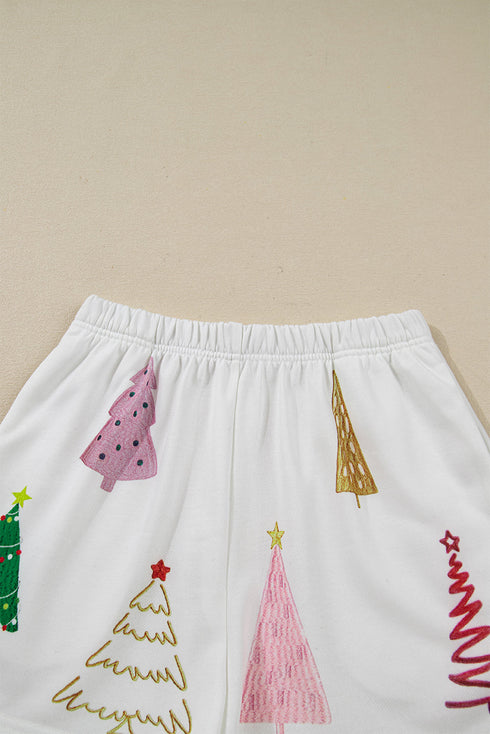 Tree Print Crew Neck Drop Shoulder Long Sleeve Shorts Lounge Set