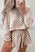 Trendy Checkerboard Print Long Sleeve Crop Top Matching Skort Lounge Set
