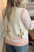 Trim Button Front Cactus Pattern Western Sweater Vest