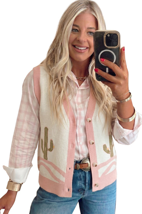 Trim Button Front Cactus Pattern Western Sweater Vest