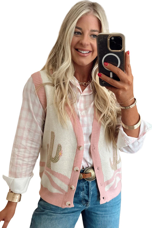 Trim Button Front Cactus Pattern Western Sweater Vest
