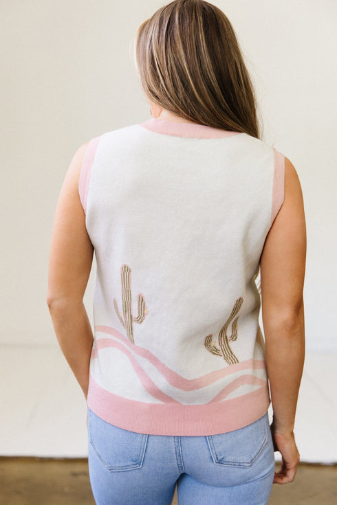 Trim Button Front Cactus Pattern Western Sweater Vest