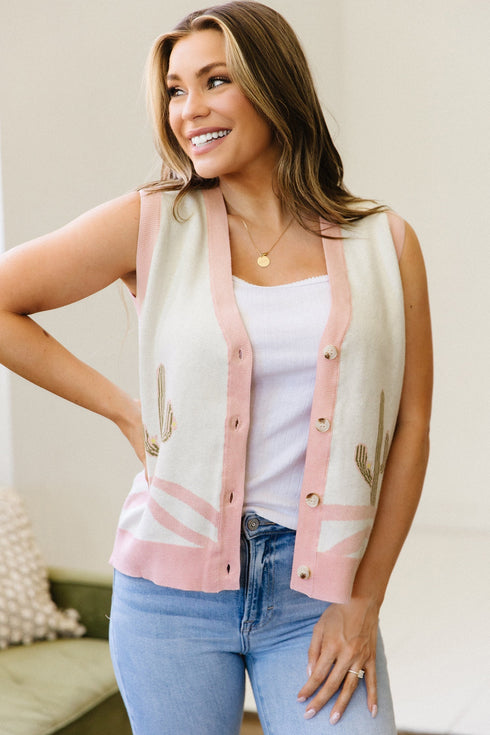 Trim Button Front Cactus Pattern Western Sweater Vest