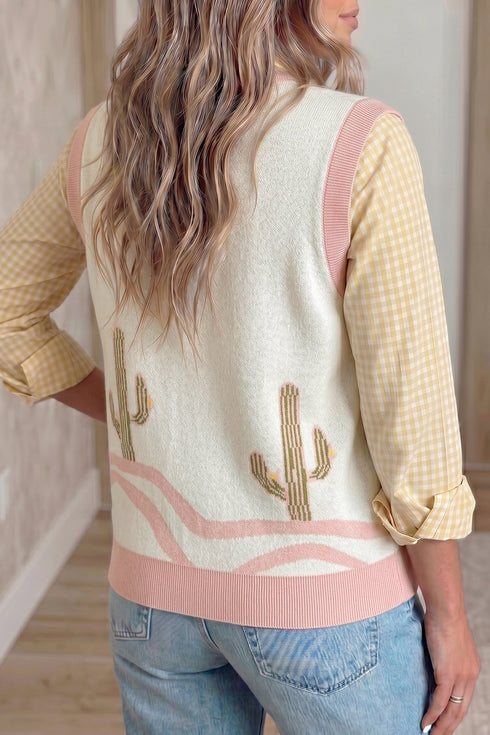 Trim Button Front Cactus Pattern Western Sweater Vest