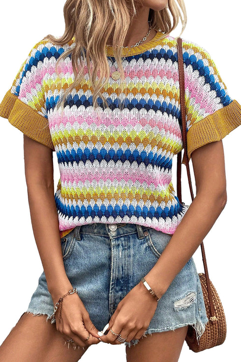 Trimmed Ruffle Sleeve Colorful Textured Sweater