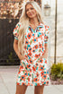 Trimmed Split Neck Puff Sleeve Tiered Mini Floral Dress