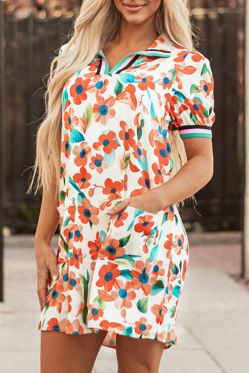 Trimmed Split Neck Puff Sleeve Tiered Mini Floral Dress