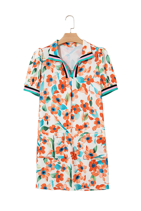 Trimmed Split Neck Puff Sleeve Tiered Mini Floral Dress