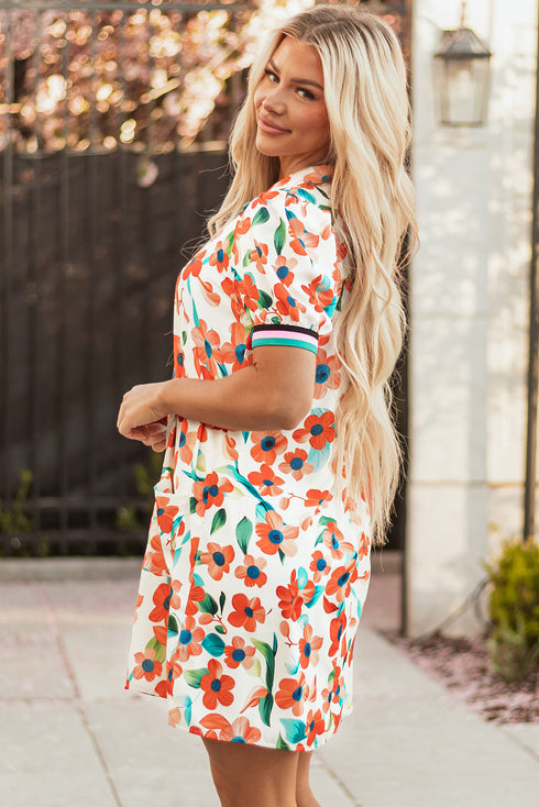 Trimmed Split Neck Puff Sleeve Tiered Mini Floral Dress