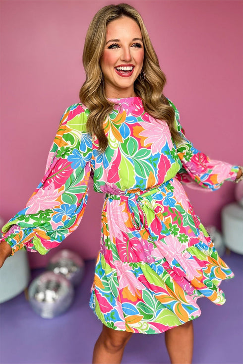 Tropical Botanical Print Bishop Sleeve Mini Dress
