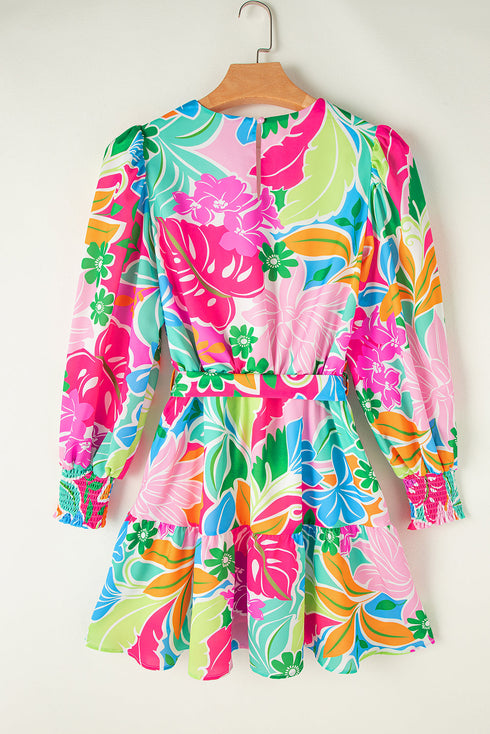 Tropical Botanical Print Bishop Sleeve Mini Dress