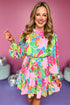 Tropical Botanical Print Bishop Sleeve Mini Dress