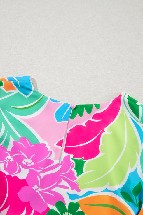 Tropical Botanical Print Bishop Sleeve Mini Dress