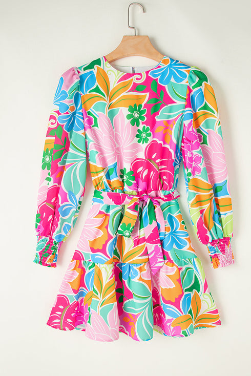 Tropical Botanical Print Bishop Sleeve Mini Dress