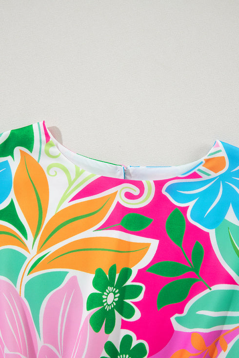Tropical Botanical Print Bishop Sleeve Mini Dress