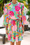 Tropical Botanical Print Bishop Sleeve Mini Dress