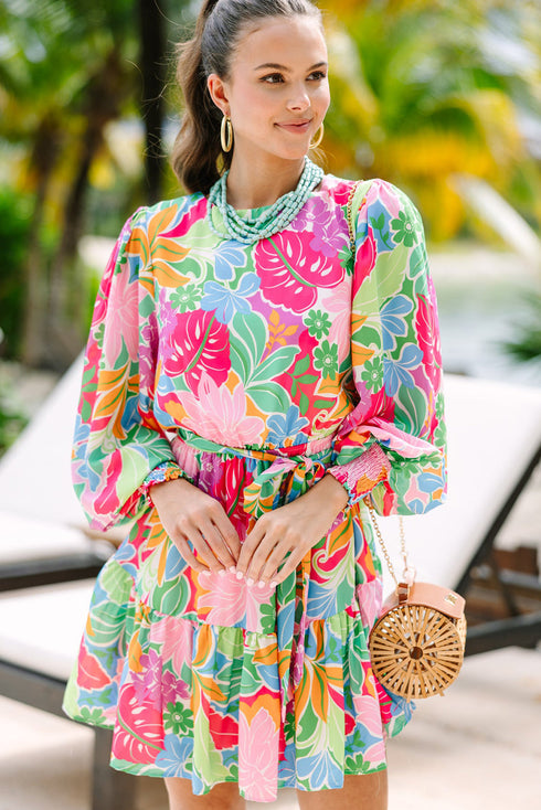 Tropical Botanical Print Bishop Sleeve Mini Dress