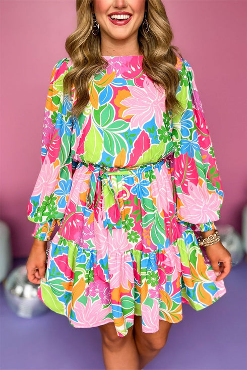 Tropical Botanical Print Bishop Sleeve Mini Dress