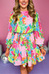 Tropical Botanical Print Bishop Sleeve Mini Dress