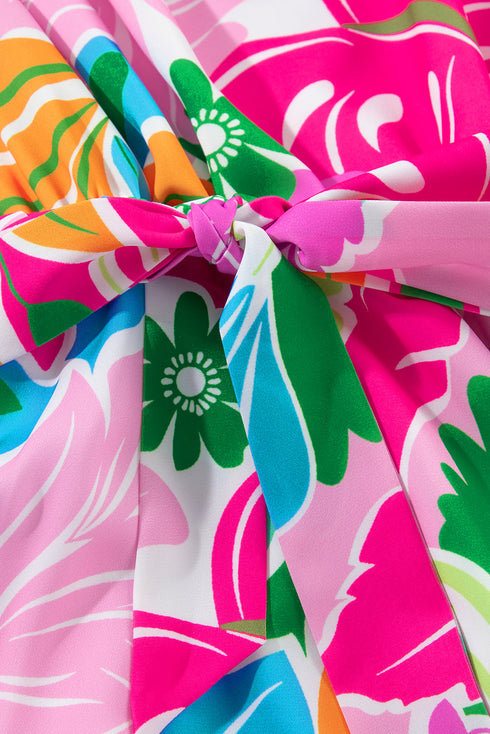 Tropical Botanical Print Bishop Sleeve Mini Dress