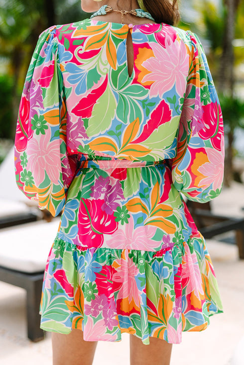 Tropical Botanical Print Bishop Sleeve Mini Dress