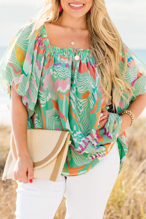 Tropical Escape Print Puff Sleeve Square Neck Plus Blouse