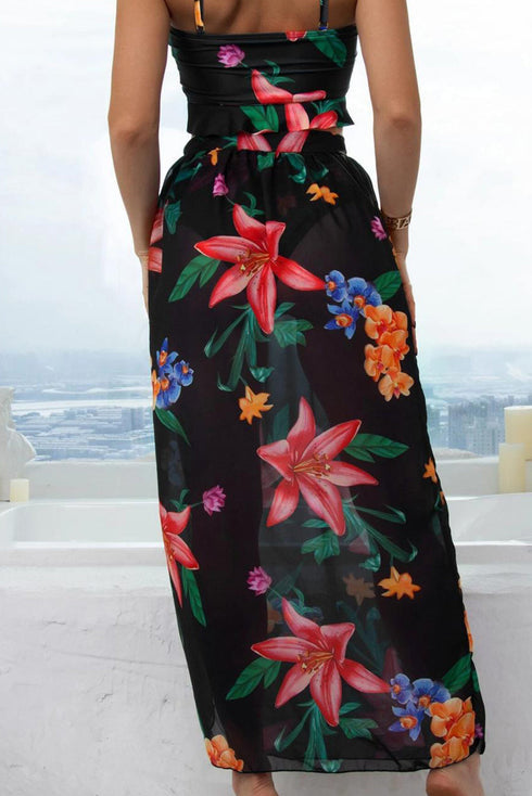 Tropical Floral Halter Crop Top And Maxi Skirt Set