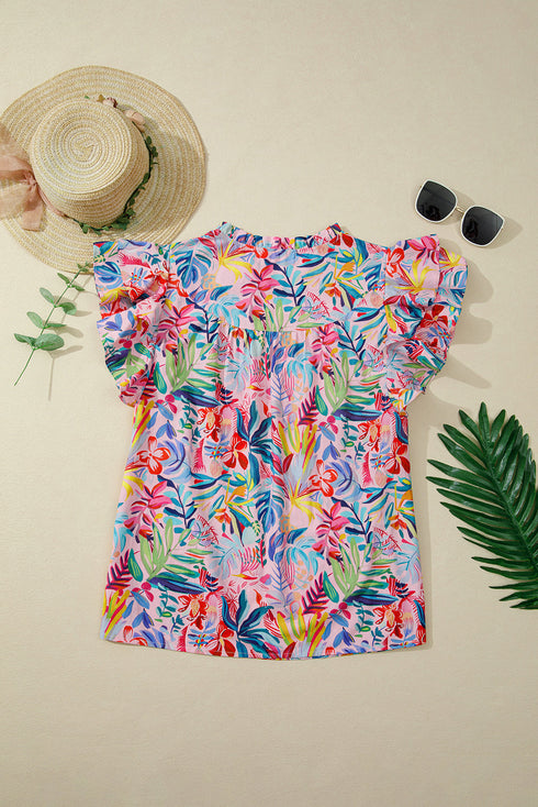 Tropical Floral Print Frilly Notched Neck Ruffle Sleeve Blouse