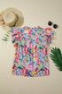 Tropical Floral Print Frilly Notched Neck Ruffle Sleeve Blouse