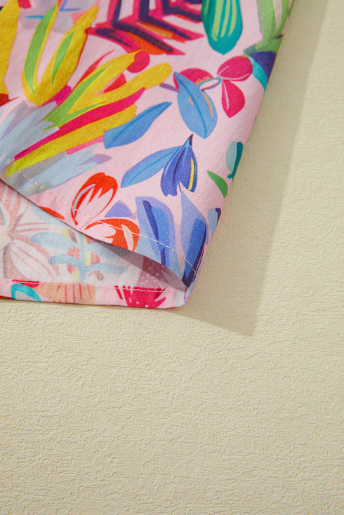 Tropical Floral Print Frilly Notched Neck Ruffle Sleeve Blouse