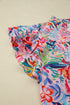 Tropical Floral Print Frilly Notched Neck Ruffle Sleeve Blouse