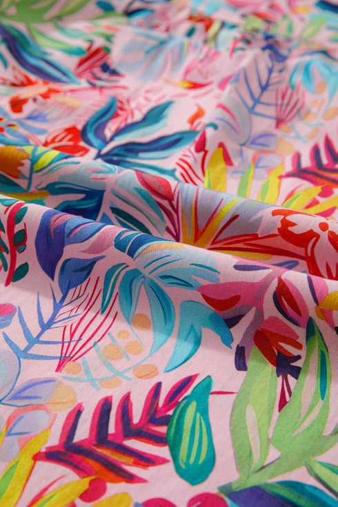 Tropical Floral Print Frilly Notched Neck Ruffle Sleeve Blouse