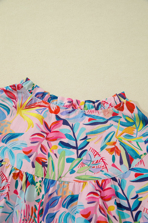 Tropical Floral Print Frilly Notched Neck Ruffle Sleeve Blouse