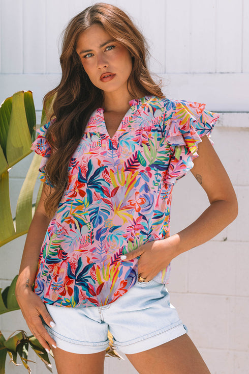 Tropical Floral Print Frilly Notched Neck Ruffle Sleeve Blouse
