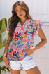 Tropical Floral Print Frilly Notched Neck Ruffle Sleeve Blouse