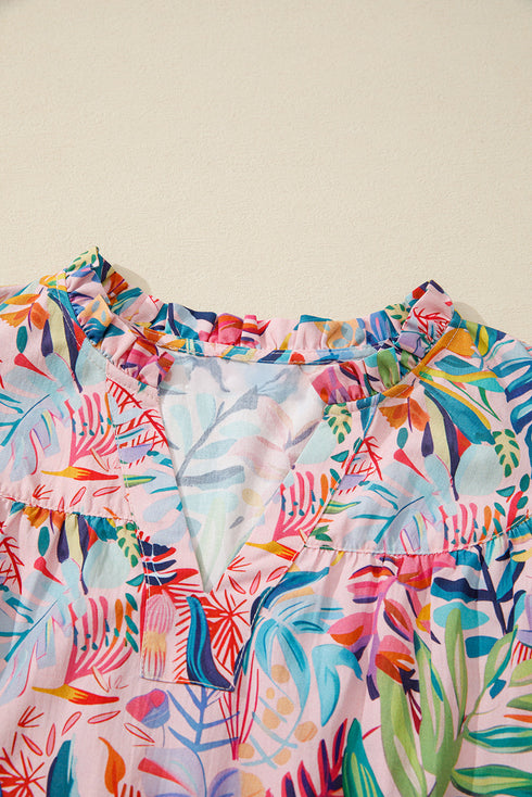 Tropical Floral Print Frilly Notched Neck Ruffle Sleeve Blouse