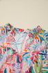 Tropical Floral Print Frilly Notched Neck Ruffle Sleeve Blouse