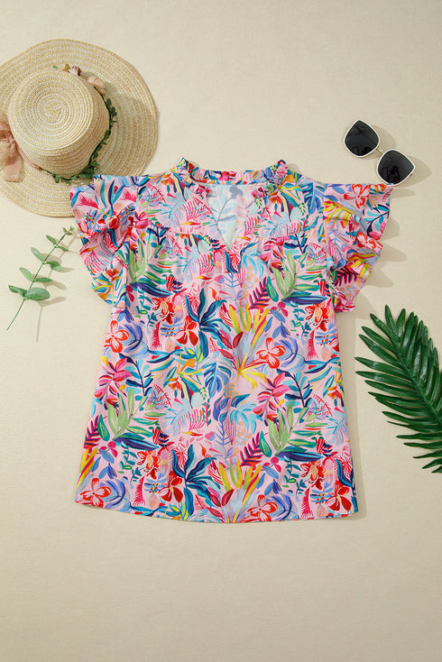 Tropical Floral Print Frilly Notched Neck Ruffle Sleeve Blouse