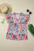 Tropical Floral Print Frilly Notched Neck Ruffle Sleeve Blouse