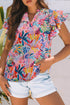 Tropical Floral Print Frilly Notched Neck Ruffle Sleeve Blouse