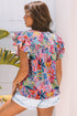 Tropical Floral Print Frilly Notched Neck Ruffle Sleeve Blouse