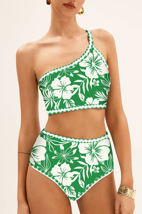 Tropical Floral Print One Shoulder High Waist Bikini Set