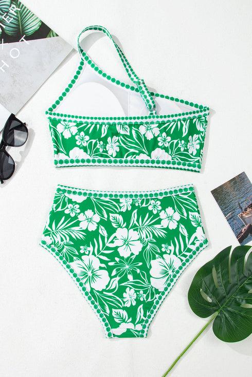 Tropical Floral Print One Shoulder High Waist Bikini Set