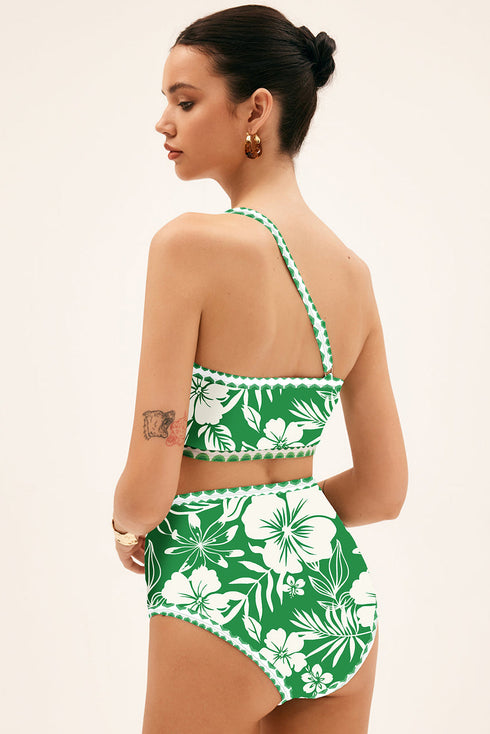 Tropical Floral Print One Shoulder High Waist Bikini Set