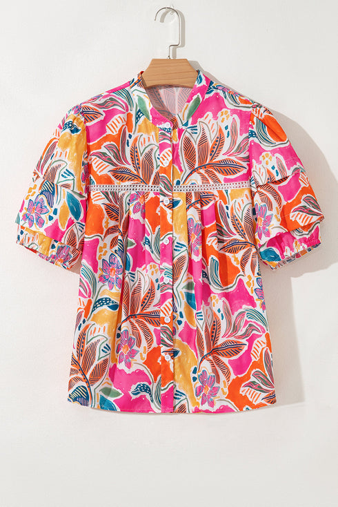 Tropical Floral Print Short Sleeve Relaxed Button Up Shirt