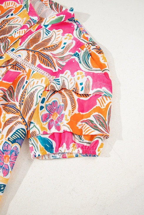 Tropical Floral Print Short Sleeve Relaxed Button Up Shirt
