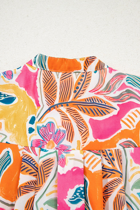Tropical Floral Print Short Sleeve Relaxed Button Up Shirt