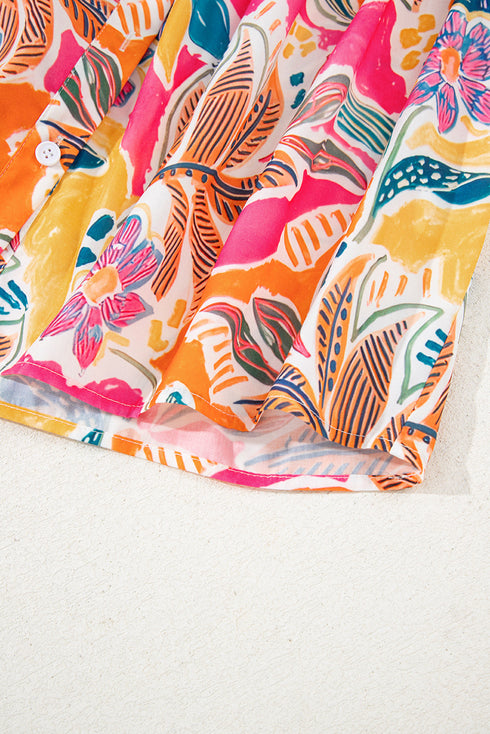 Tropical Floral Print Short Sleeve Relaxed Button Up Shirt