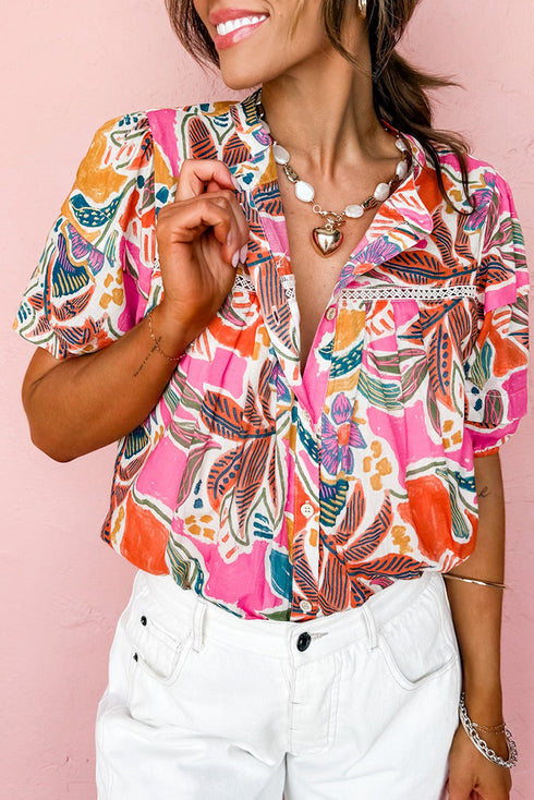 Tropical Floral Print Short Sleeve Relaxed Button Up Shirt